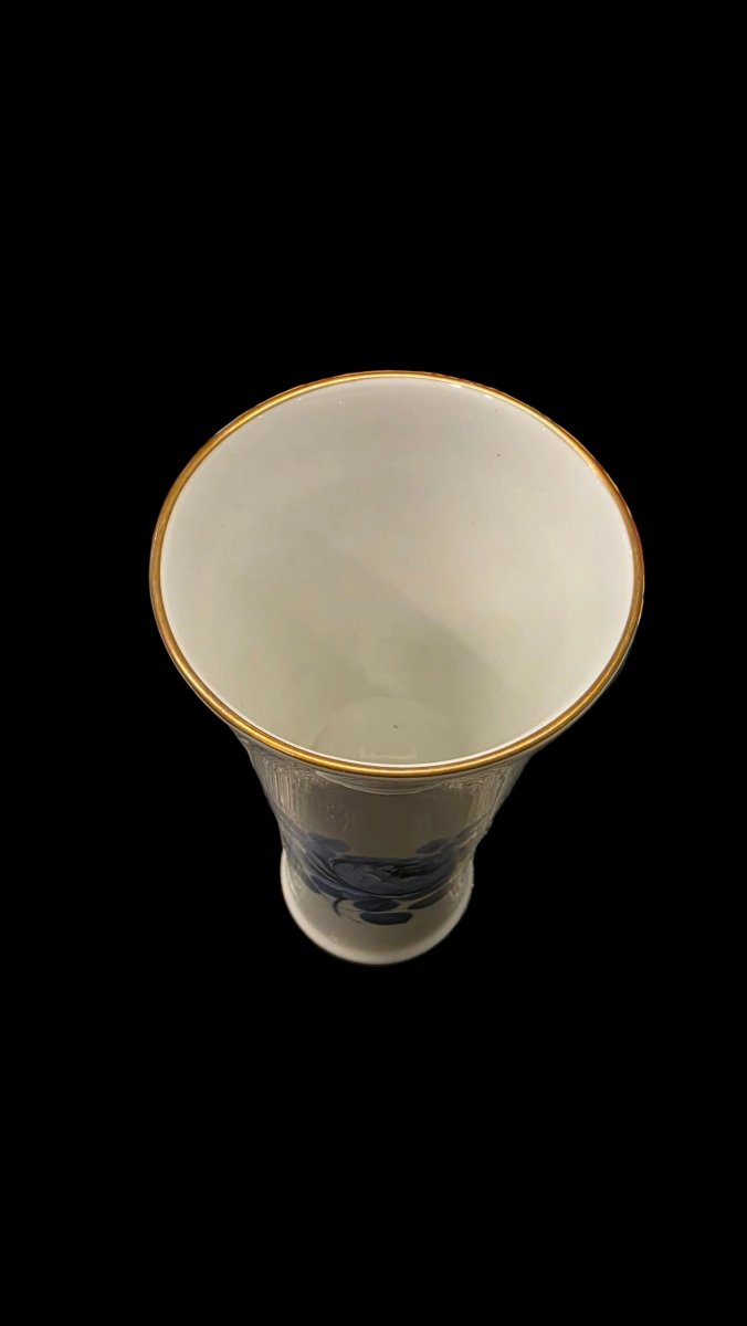 Vintage Hackefors Porslin vase med blå rose og gullkant, Sverige - BØR BØRSONS BRUKTHANDEL