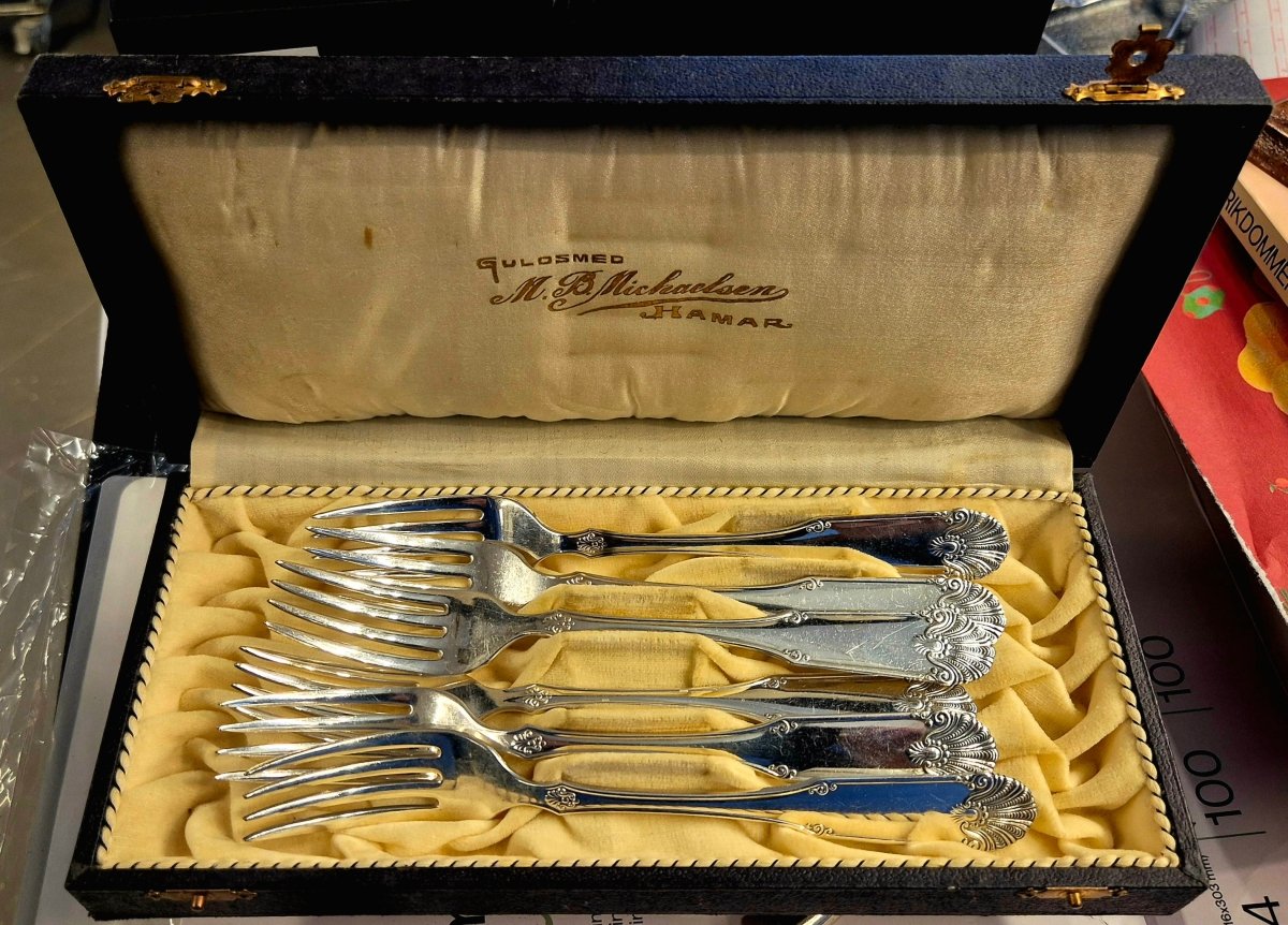 6stk Korall Spisegafler i Sølvplett NM 40 - BØR BØRSONS BRUKTHANDEL