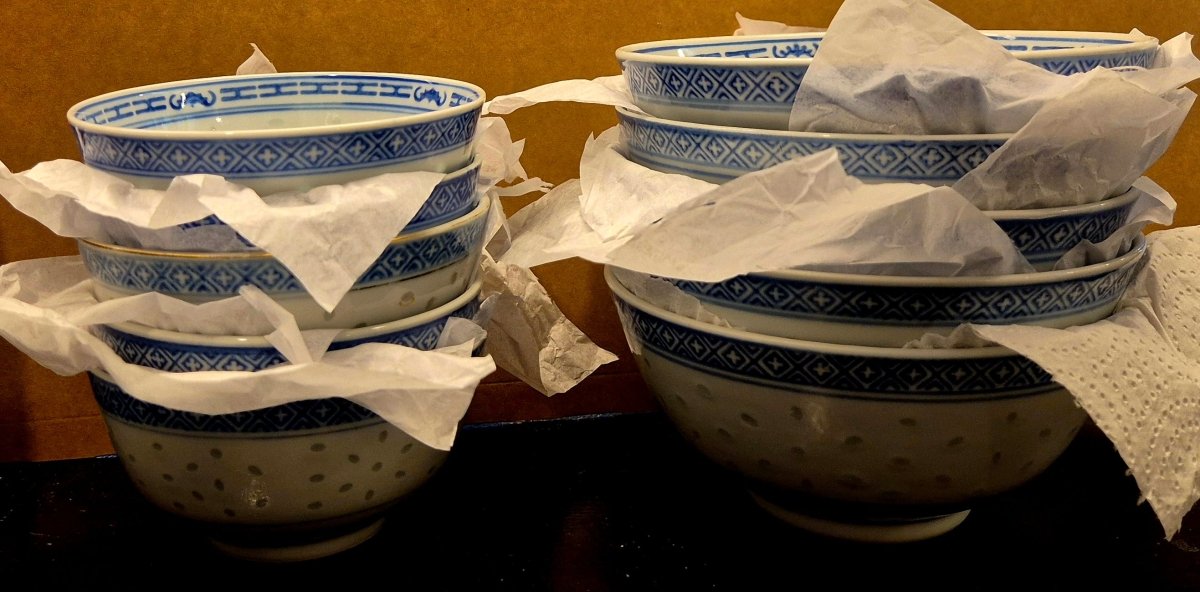 Jingdezhen blå‑hvite porselensskåler (5 små + 5 større) - BØR BØRSONS BRUKTHANDEL