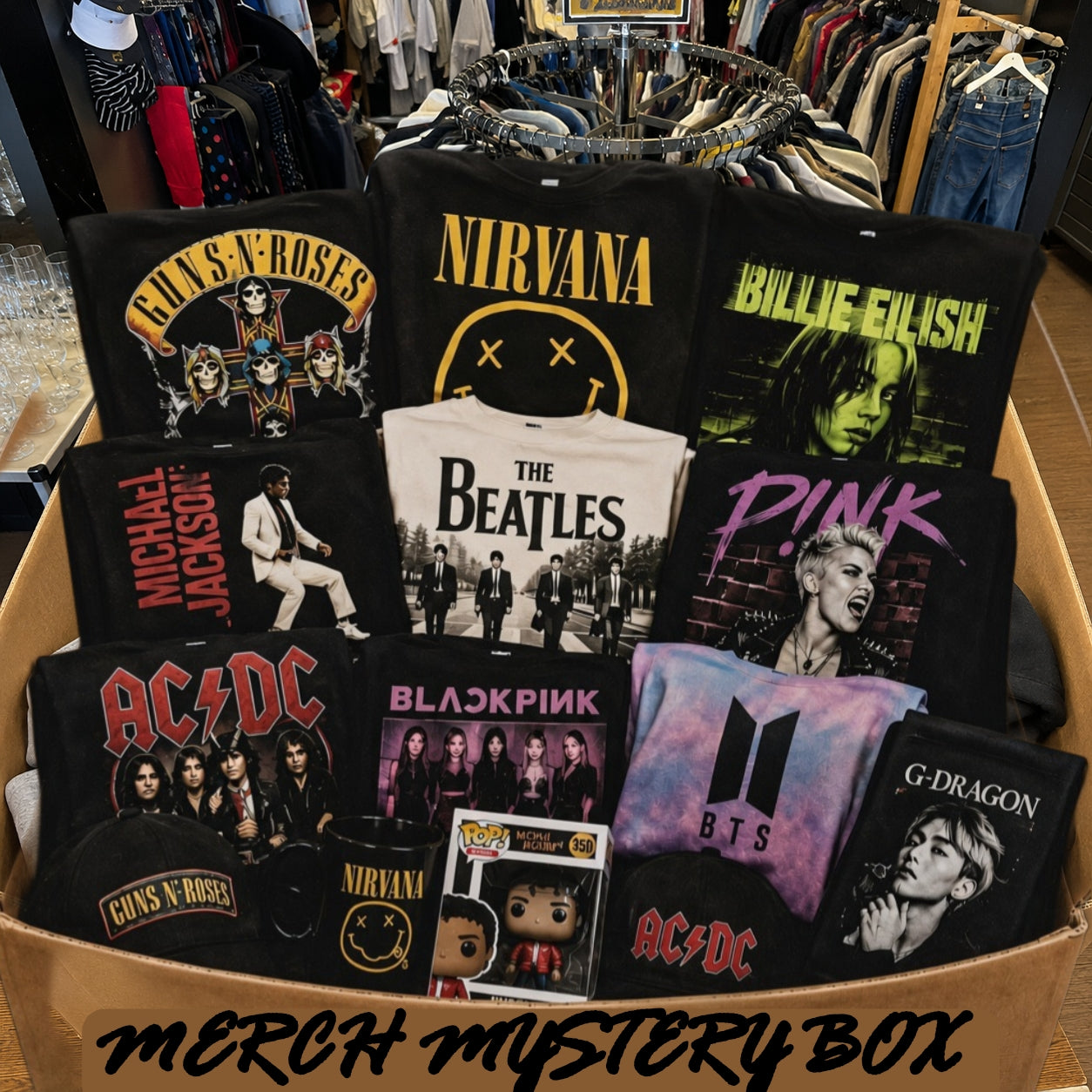 Merch Mystery Box – overraskelsesboks med musikkmerch fra Bør Børsons Brukthandel