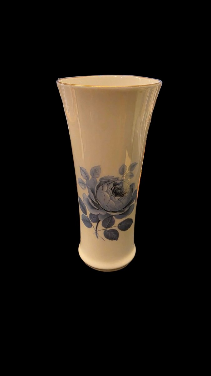 Vintage Hackefors Porslin vase med blå rose og gullkant, Sverige - BØR BØRSONS BRUKTHANDEL