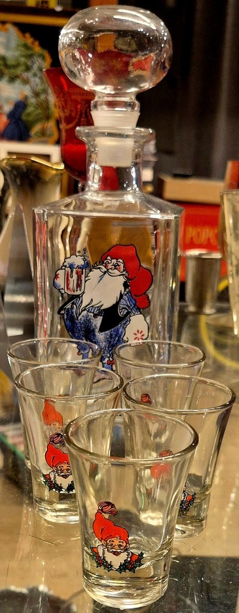 Vintage julekaraffel med nisser og 5 glass - BØR BØRSONS BRUKTHANDEL