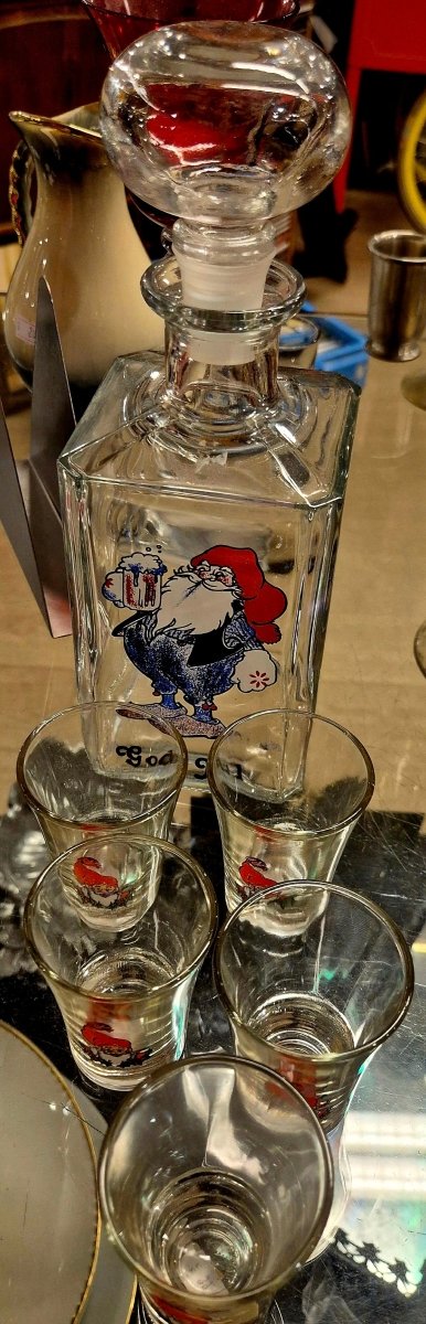 Vintage julekaraffel med nisser og 5 glass - BØR BØRSONS BRUKTHANDEL