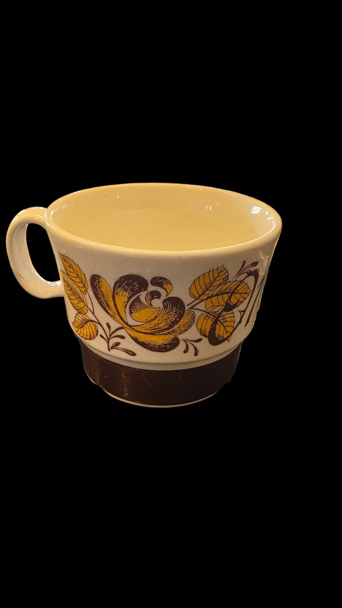 Vintage Stavangerflint Onkel kopp med gule blomster og brun bunn - BØR BØRSONS BRUKTHANDEL